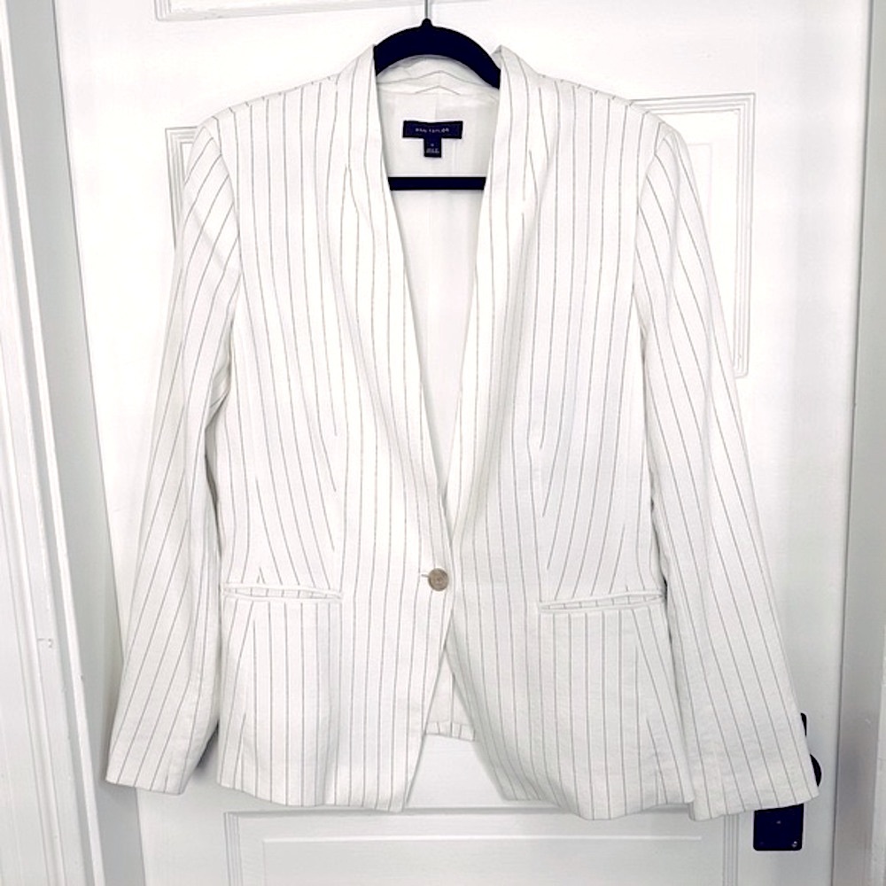Ann Taylor Off White Stripe One Button Cutaway Blazer, Size 12